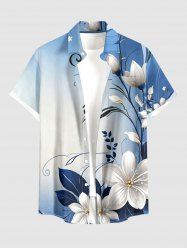 Ombre Flower Leaf Branch Print Hawaii Button Pocket Shirt For Men - Bleu L