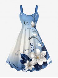 Ombre Flower Leaf Branch Print Hawaii A Line Dress - Bleu S