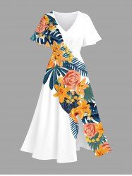 Flowers Leaf Tropical Print Split Hawaii Midi Dress -  