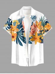 Plus Size Flowers Leaf Tropical Print Buttons Pocket Hawaii Shirt For Men -  