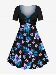 Plus Size Flowers Leaf Tropical Print Cinched Hawaii Dress -  