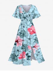 Plus Size Hibiscus Flowers Leaf Print Split Hawaii Midi Dress -  