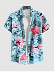 Plus Size Hibiscus Flowers Leaf Print Buttons Pocket Hawaii Shirt For Men - Bleu Ciel 2XL