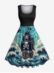Plus Size Halloween Skulls Sail Boat Sea Waves Cloud Cruise Print 1950s Vintage Dress -  