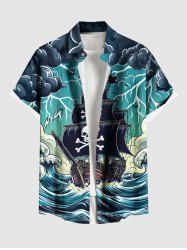 Plus Size Halloween Skulls Sail Boat Sea Waves Cloud Cruise Print Buttons Pocket Shirt For Men - Vert L