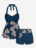 Leaf Ombre Flower Print Hawaii Twist Halter Backless Boyleg Tankini Swimsuit -  