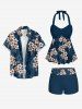 Leaf Ombre Flower Print Hawaii Twist Halter Backless Boyleg Tankini Swimsuit -  