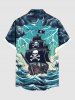 Plus Size Halloween Skulls Sail Boat Sea Waves Cloud Cruise Print Buttons Pocket Shirt For Men - Vert L