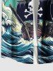 Plus Size Halloween Skulls Sail Boat Sea Waves Cloud Cruise Print Buttons Pocket Shirt For Men - Vert L