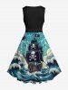 Plus Size Halloween Skulls Sail Boat Sea Waves Cloud Cruise Print 1950s Vintage Dress -  
