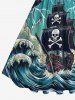 Plus Size Halloween Skulls Sail Boat Sea Waves Cloud Cruise Print 1950s Vintage Dress - Noir 6X