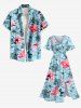 Plus Size Hibiscus Flowers Leaf Print Split Hawaii Midi Dress -  