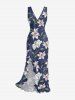 Flower Leaf Branch Print Hawaii Ruffles Split Dress -  