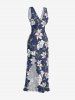 Flower Leaf Branch Print Hawaii Ruffles Split Dress -  