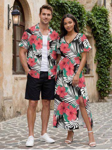 Ensemble de plage hawaïen assorti grande taille à imprimé fleurs d'hibiscus pour couples - RED