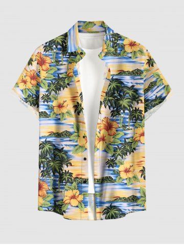 Plus Size Coconut Tree Hibiscus Flower Mountain Print Buttons Pocket Hawaii Shirt For Men - YELLOW - 4XL