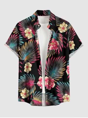 Plus Size Flowers Tropical Leaf Print Buttons Pocket Hawaii Shirt For Men - BLACK - 2XL
