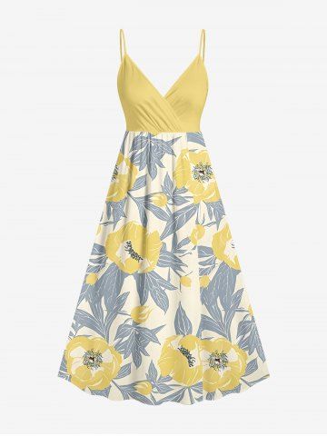 Plus Size Flowers Leaf Print Surplice Hawaii Cami Dress - YELLOW - XS
