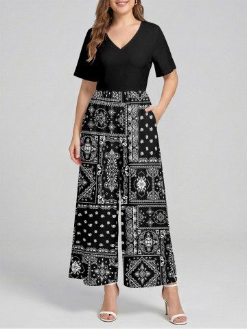 Paisley Floral Pattern Scarf Print V Neck Hawaii Wide Leg Jumpsuit - BLACK - XL