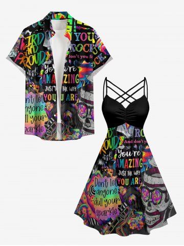 Colorful Ombre Letters Skull Print Matching Outfit For Couples