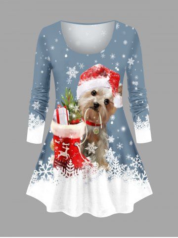 Christmas Hat Boots Dog Snowflake Print Long Sleeves T-shirt - LIGHT BLUE - L