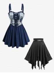 Plaid Print Flower Embroidery Lace Up Top and Solid Layered Handkerchief A Line Skirt Outfit -  