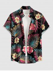 Plus Size Flowers Tropical Leaf Print Buttons Pocket Hawaii Shirt For Men - Noir 2XL