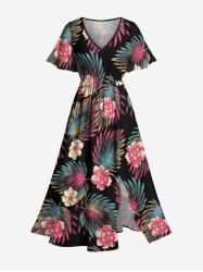 Plus Size Flowers Tropical Leaf Print Split Hawaii Midi Dress - Noir 2X