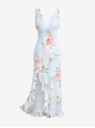 Rose Flowers Leaf Print Hawaii Ruffles Split Surplice Dress -  