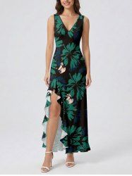 Flowers Print Hawaii Ruffles Split Surplice Dress -  