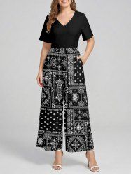 Paisley Floral Pattern Scarf Print V Neck Hawaii Wide Leg Jumpsuit -  