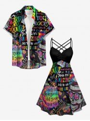 Colorful Ombre Letters Skull Print Matching Outfit For Couples -  