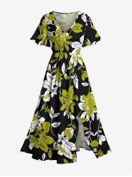 Plus Size Flowers Leaf Print Split Hawaii Midi Dress -  