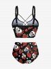 Skull Rose Flower Leaf Heart Print Lace Up Tankini Swimsuit (Adjustable Shoulder Strap) -  