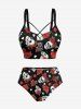 Skull Rose Flower Leaf Heart Print Lace Up Tankini Swimsuit (Adjustable Shoulder Strap) -  