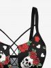 Skull Rose Flower Leaf Heart Print Lace Up Tankini Swimsuit (Adjustable Shoulder Strap) -  
