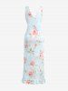 Rose Flowers Leaf Print Hawaii Ruffles Split Surplice Dress -  