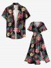 Plus Size Flowers Tropical Leaf Print Split Hawaii Midi Dress - Noir L