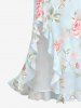 Rose Flowers Leaf Print Hawaii Ruffles Split Surplice Dress -  