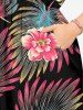 Plus Size Flowers Tropical Leaf Print Split Hawaii Midi Dress - Noir L