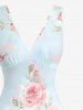 Rose Flowers Leaf Print Hawaii Ruffles Split Surplice Dress -  