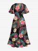 Plus Size Flowers Tropical Leaf Print Split Hawaii Midi Dress - Noir 2X