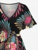 Plus Size Flowers Tropical Leaf Print Split Hawaii Midi Dress - Noir 2X