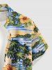 Plus Size Coconut Tree Hibiscus Flower Mountain Print Buttons Pocket Hawaii Shirt For Men -  