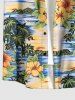 Plus Size Coconut Tree Hibiscus Flower Mountain Print Buttons Pocket Hawaii Shirt For Men -  