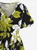 Plus Size Flowers Leaf Print Split Hawaii Midi Dress -  