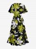 Plus Size Flowers Leaf Print Split Hawaii Midi Dress -  