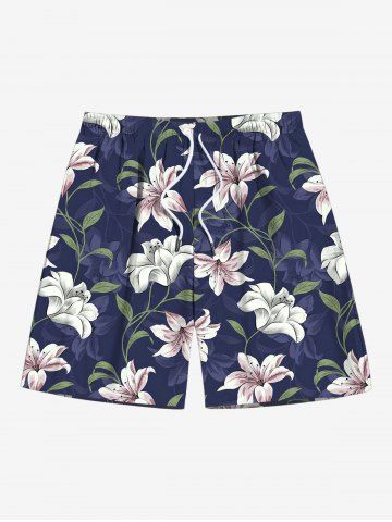 Plus Size Flower Leaf Branch Print Hawaii Drawstring Beach Shorts For Men - CADETBLUE - XL