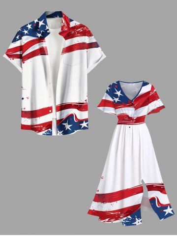 Patriotic American Flag Paint Splatter Print Plus Size Matching Outfit For Couples - WHITE