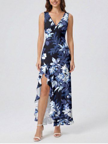 Flowers Leaf Print Hawaii Ruffles Split Surplice Dress - BLUE - XS